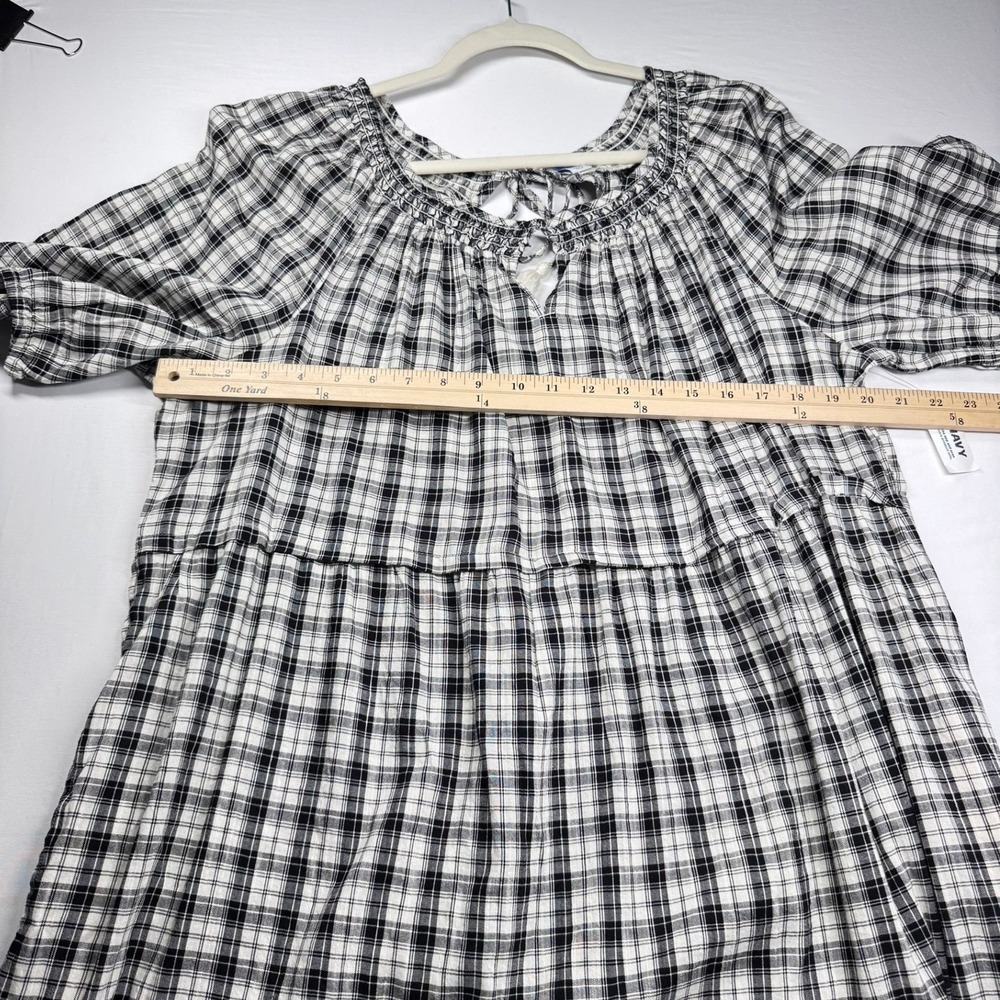 NEW Old Navy Midi Dress XL Plaid Black Smocked Cottagecore Pockets Peasant Boho - Picture 3 of 13